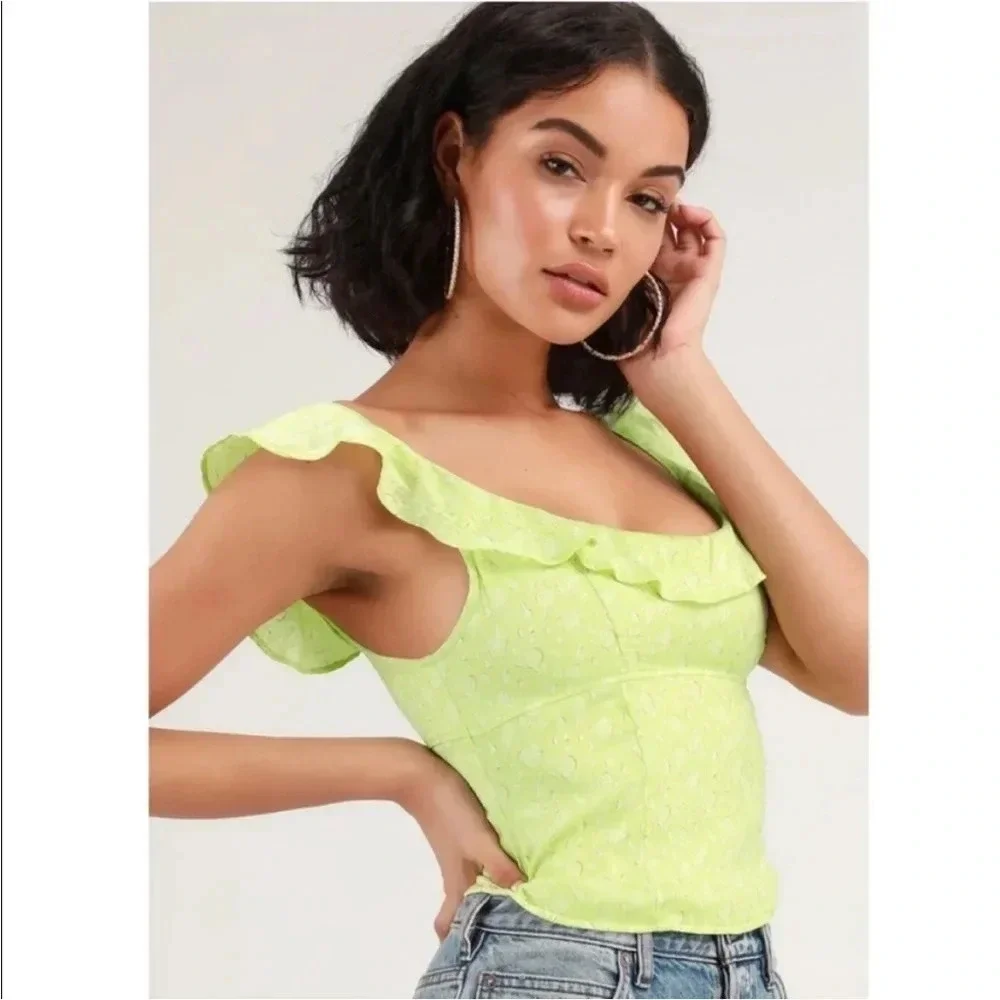 Free People stay with you green satin ruffle boho top